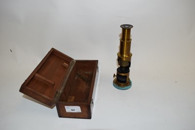 Lot 92 - LACQUERED BRASS MONOCULAR MICROSCOPE, UNSIGNED,...