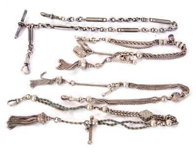 Lot 254 - Silver watch chain, a trombone and knot link...