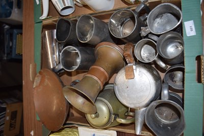 Lot 601 - BOX OF VARIOUS PEWTER TANKARDS, COPPER TAZZA ETC