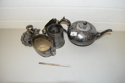 Lot 28 - MIXED LOT: SILVER PLATED TEA WARES, CHAMBER...