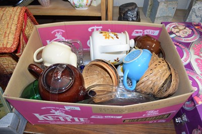 Lot 523 - BOX OF VARIOUS TEAPOTS, KITCHEN WARES ETC