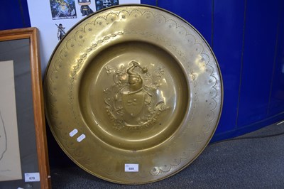 Lot 680 - CIRCULAR BRASS ALMS TYPE CHARGER WITH HERALDIC...