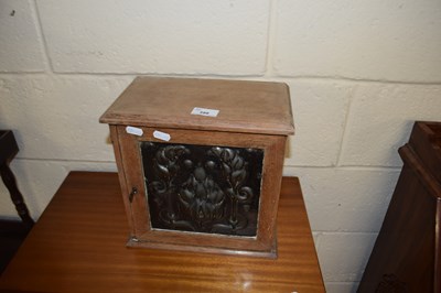 Lot 399 - SMALL OAK AND METAL MOUNTED WALL CABINET WITH...