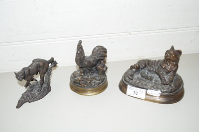 Lot 74 - THREE SMALL BRONZE FIGURES, RECLINING CAT...