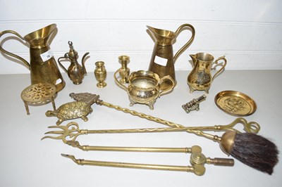 Lot 76 - VARIOUS ASSORTED BRASS JUGS, FIRE TOOLS ETC.