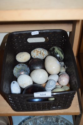 Lot 504 - BOX OF VARIOUS POLISHED STONE EGGS, PAPER...