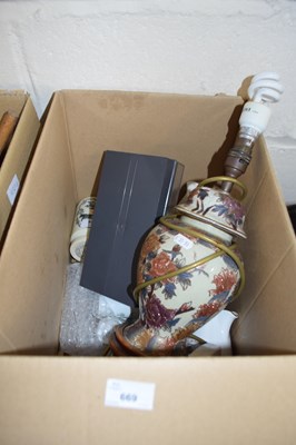 Lot 669 - BOX OF VARIOUS ASSORTED CERAMICS, TABLE LAMP ETC