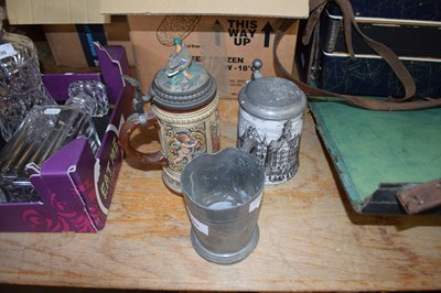 Lot 670 - PEWTER TANKARD AND TWO BEER STEINS