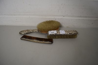 Lot 117 - TWO SILVER BACK DRESSING TABLE BRUSHES AND A...