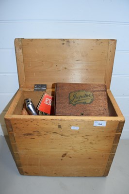 Lot 154 - WOODEN BOX CONTAINING VARIOUS STAPLERS, SEWING...