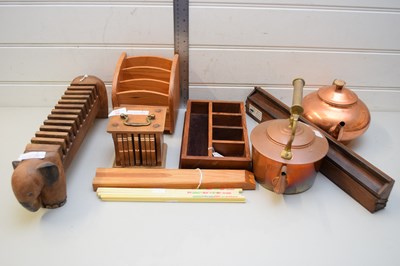 Lot 36 - MIXED LOT OF WOODEN WARES, COPPER KETTLES, AND...