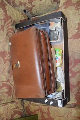 Lot 838 - BROWN LEATHER CASE AND BOX OF VARIOUS ASSORTED...