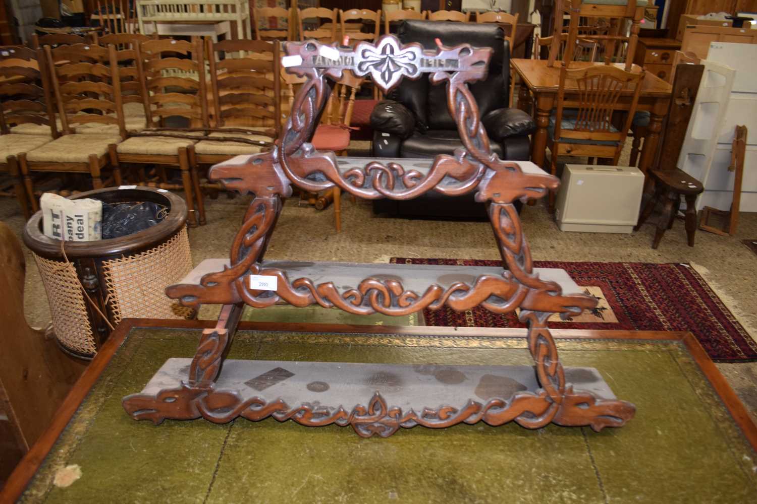Lot 280 - UNUSUAL FOUR TIER SHELF UNIT WITH CARVED...