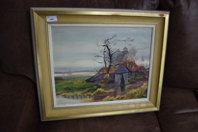 Lot 342 - R SNELL STUDY OF A BARN, OIL ON BOARD, FRAMED