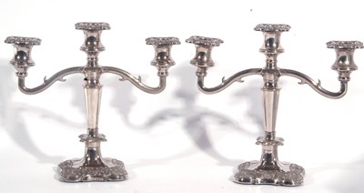 Lot 179 - Pair of silver plated three branch candelabra,...