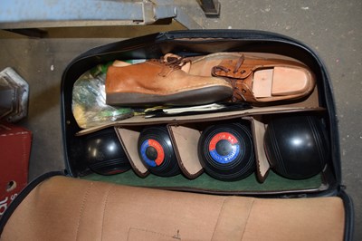 Lot 613 - CASE OF LAWN BOWLS AND SHOES PLUS FURTHER ITEMS
