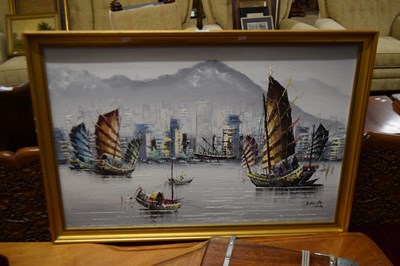 Lot 319 - CONTEMPORARY STUDY OF HONG KONG HARBOUR, OIL...
