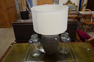 Lot 322 - CONTEMPORARY TABLE LAMP AND TWO GLASS DEMIJOHNS