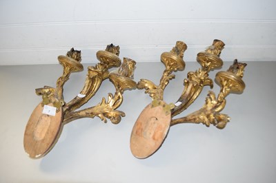 Lot 7 - PAIR OF GILT WOOD THREE BRANCH WALL SCONCES