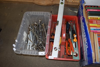 Lot 708 - TWO BOXES OF VARIOUS TOOLS, SPANNERS, ETC