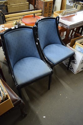 Lot 798 - PAIR OF EBONISED FRAMED CHAIRS WITH BLUE...