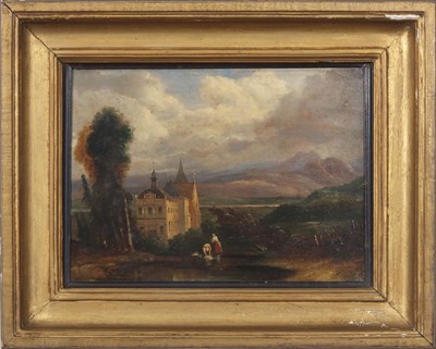 Lot 638 - Italian School, two foreground figures, church...