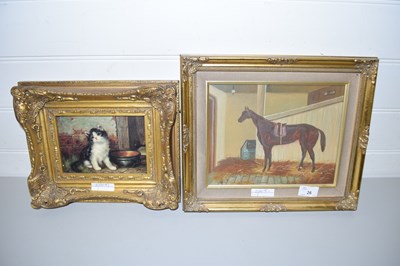 Lot 26 - FRAMED STUDY OF A RACEHORSE IN STABLE TOGETHER...
