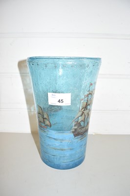 Lot 45 - FROSTED ART GLASS VASE DECORATED WITH TALL SHIPS