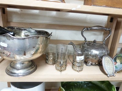 Lot 547 - MIXED LOT: SILVER PLATED PEDESTAL BOWL, KETTLE,...