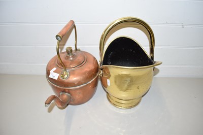 Lot 150 - COPPER KETTLE AND A SMALL BRASS COAL PAIL