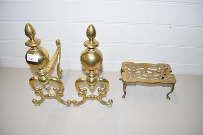 Lot 151 - PAIR OF BRASS FIRE DOGS TOGETHER WITH A BRASS...