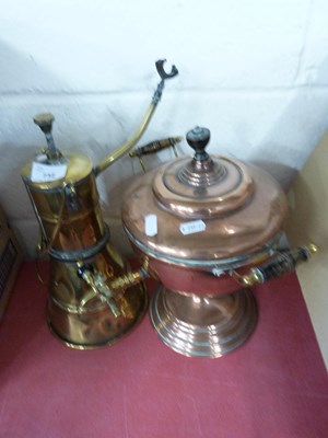 Lot 732 - COPPER TEA URN TOGETHER WITH A BRASS CARBIDE...