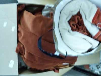 Lot 736 - TWO BOXES OF VARIOUS VELOUR CURTAINS AND TIE...