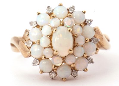 Lot 6 - 9ct gold opalescent and diamond cluster ring...