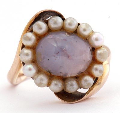 Lot 19 - 9ct gold star sapphire and seed pearl ring,...