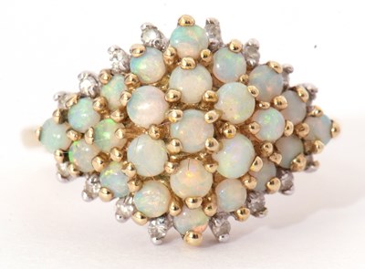 Lot 28 - Modern 9ct gold, opal and diamond cluster ring,...