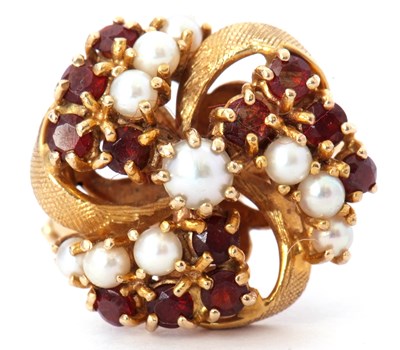 Lot 47 - 9ct gold seed pearl and garnet cluster ring, a...