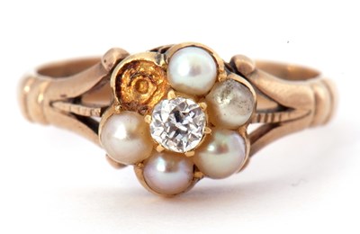 Lot 56 - Diamond seed pearl cluster ring, the flower...