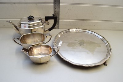 Lot 76 - SILVER PLATED THREE PIECE TEA SERVICE AND...