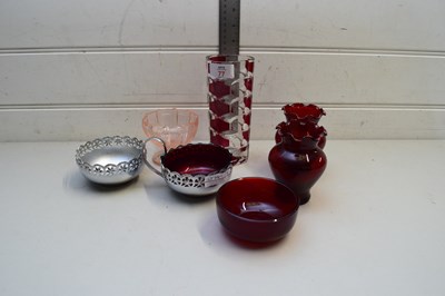Lot 77 - MIXED LOT COMPRISING PAIR OF SMALL RED GLASS...