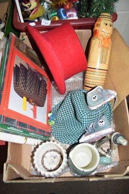 Lot 726 - BOX CONTAINING ASSORTED HATS, TABLE CLOTHS ETC