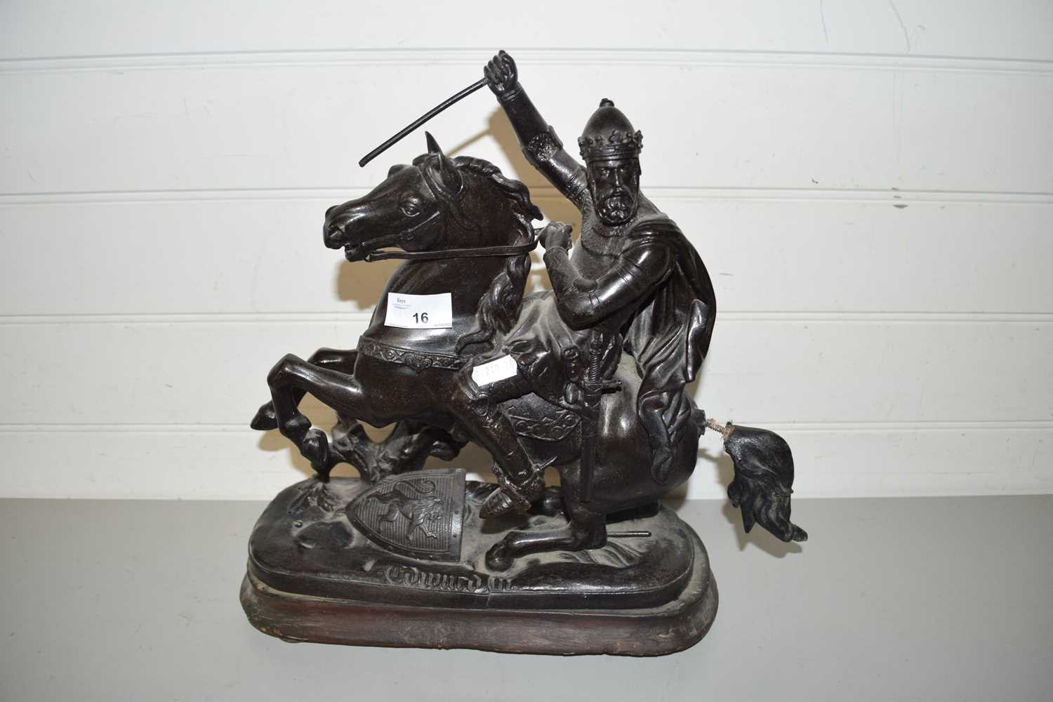 Lot 16 - SPELTER FIGURE OF A MEDIEVAL KNIGHT ON HORSEBACK