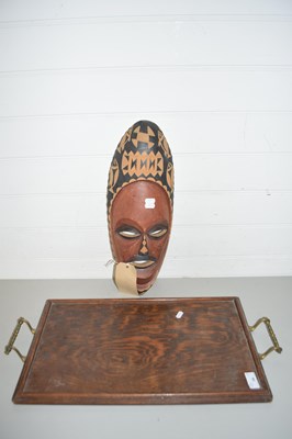 Lot 34 - A CARVED WOODEN AFRICAN MASK TOGETHER WITH A...