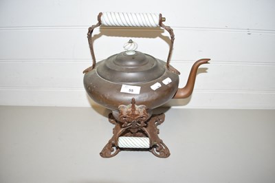 Lot 55 - COPPER KETTLE ON STAND WITH CERAMIC HANDLE