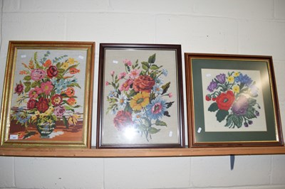 Lot 225 - GROUP OF THREE FRAMED EMBROIDERIES OF FLOWERS
