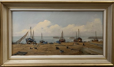 Lot 162 - James Wright (1945 - ) fishing boats at rest,...