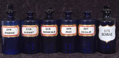 Lot 49 - Group of six blue glass drug jars, some with...