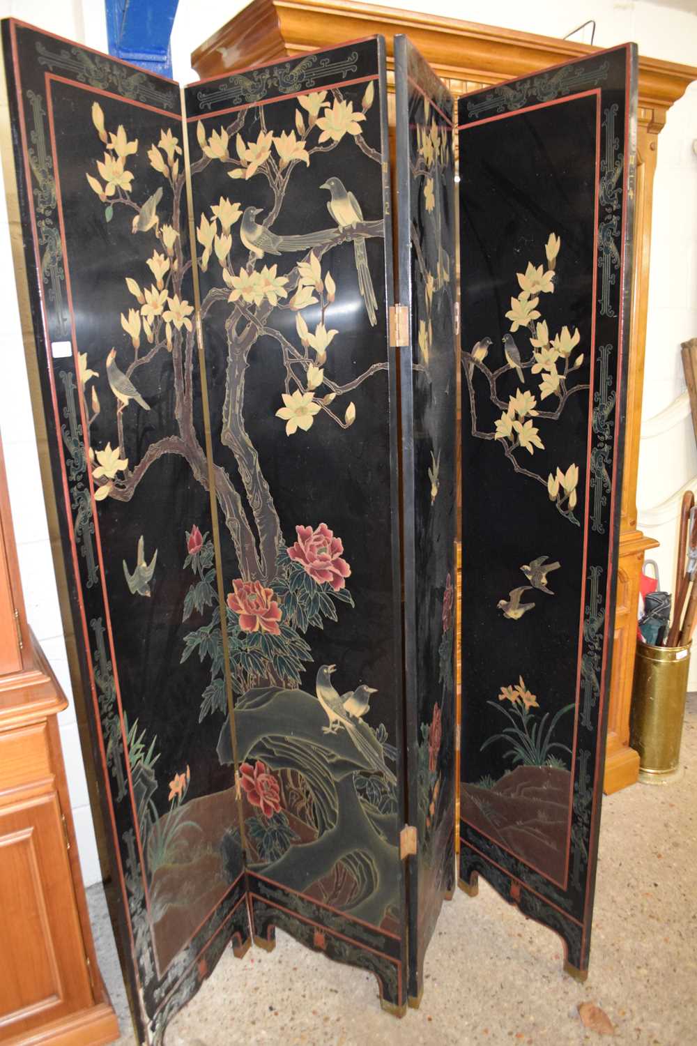 Lot 303 - MODERN CHINESE LAQUERED THREE FOLD SCREEN...