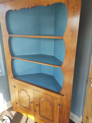 Lot 393 - Vintage pine dresser with blue shelving