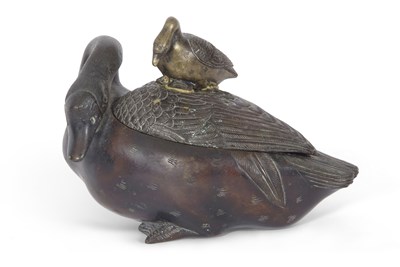 Lot 202 - Oriental bronze model of a duck, the cover...